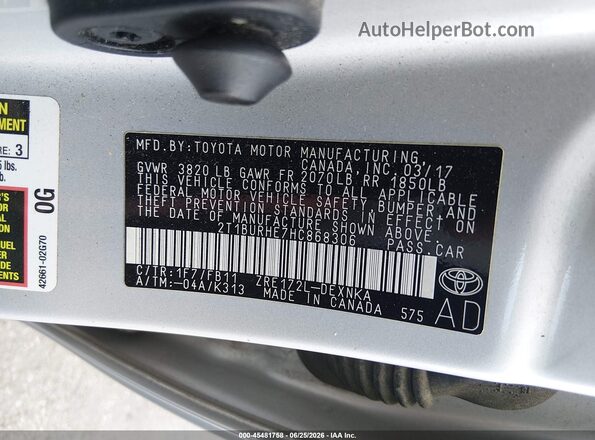 2T1BURHE7HC868306 2017 TOYOTA COROLLA Silver Շարժիչի բաժամունքի տեսք