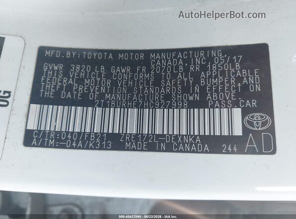 2T1BURHE7HC927998 2017 TOYOTA COROLLA White Вид підкапотного простору