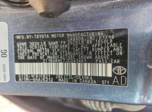 2T1BURHE7JC041461 2018 TOYOTA COROLLA Blue Вид підкапотного простору