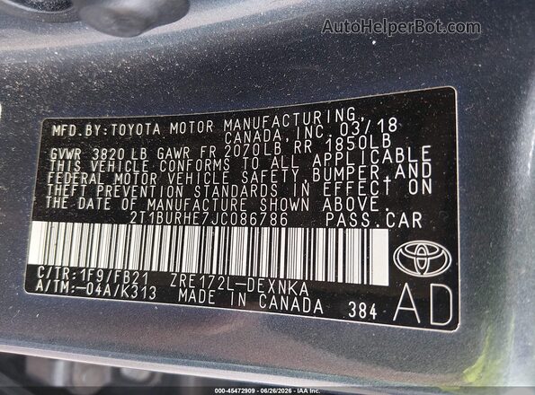 2T1BURHE7JC086786 2018 TOYOTA COROLLA Бирюзовый Вид подкапотного пространства