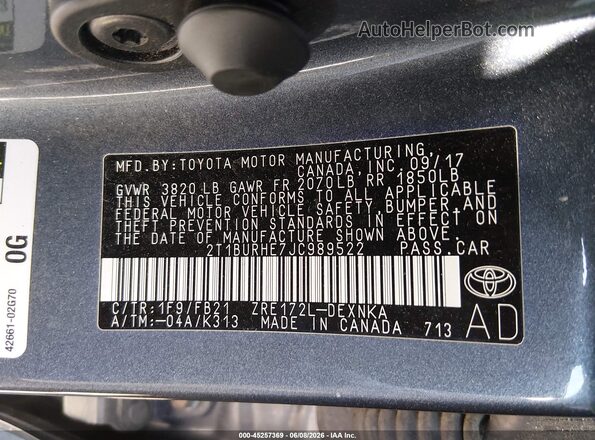 2T1BURHE7JC989522 2018 TOYOTA COROLLA Gray Вид підкапотного простору