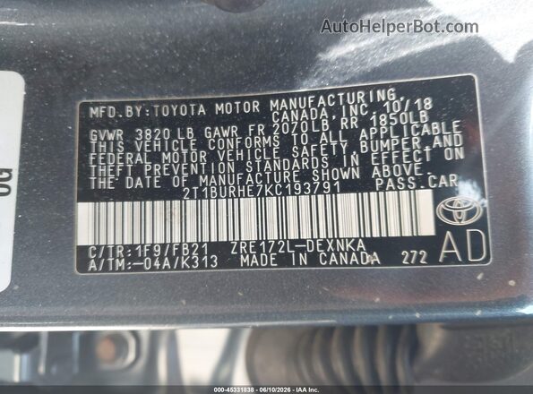 2T1BURHE7KC193791 2019 TOYOTA COROLLA Gray Widok komory silnika