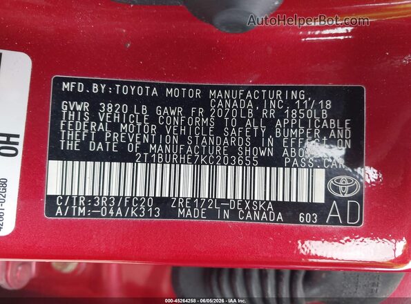 2T1BURHE7KC203655 2019 TOYOTA COROLLA Red Vista del compartimento del motor