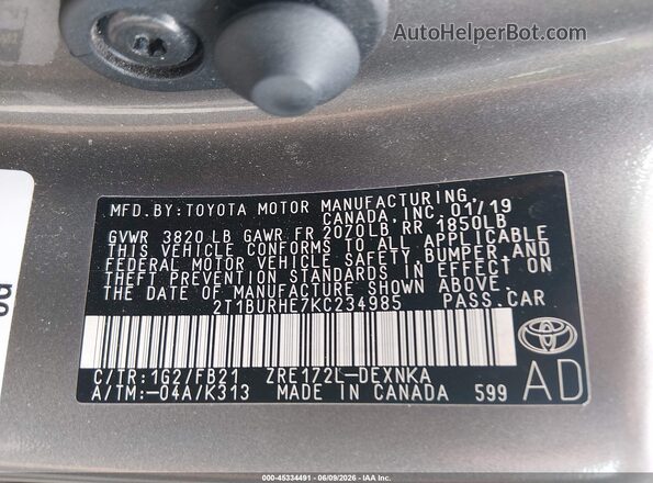 2T1BURHE7KC234985 2019 TOYOTA COROLLA Brown Widok komory silnika