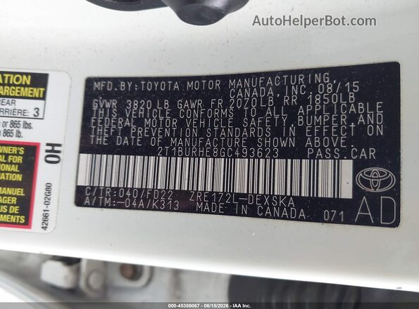 2T1BURHE8GC493623 2016 TOYOTA COROLLA White ძრავის განყოფილების ხედი