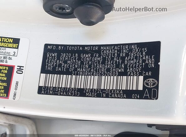2T1BURHE8GC520609 2016 TOYOTA COROLLA White 