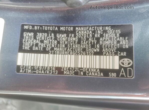 2T1BURHE8GC526152 2016 TOYOTA COROLLA Blue Вид наклейки з VIN-кодом