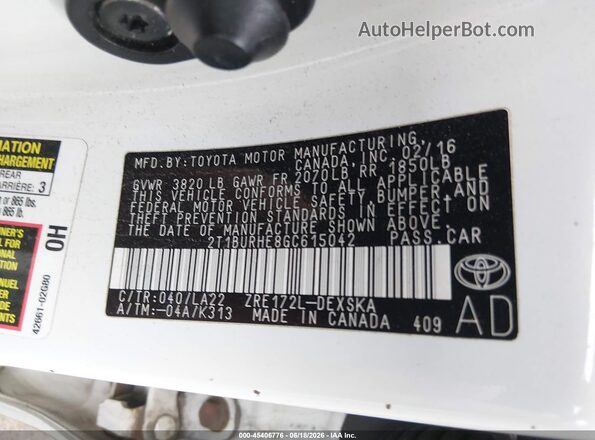 2T1BURHE8GC615042 2016 TOYOTA COROLLA White Widok komory silnika
