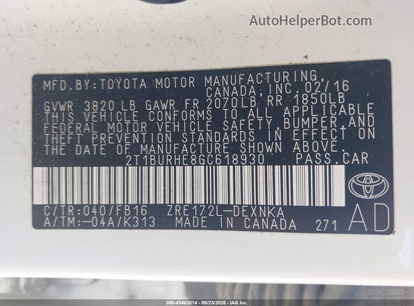 2T1BURHE8GC618930 2016 TOYOTA COROLLA White Vista del compartimento del motor