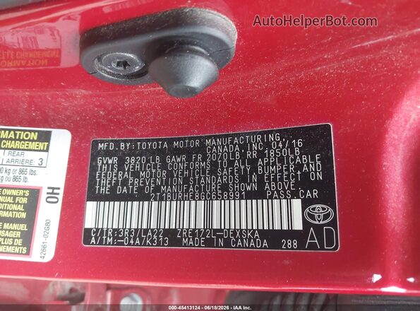 2T1BURHE8GC658991 2016 TOYOTA COROLLA Red ძრავის განყოფილების ხედი