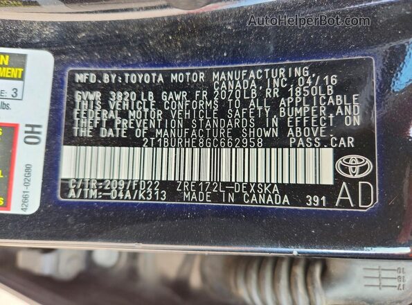 2T1BURHE8GC662958 2016 TOYOTA COROLLA Black Engine compartment view