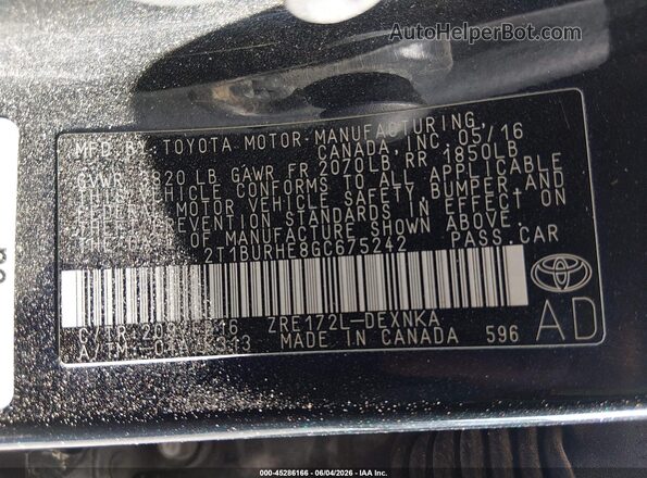 2T1BURHE8GC675242 2016 TOYOTA COROLLA Black 