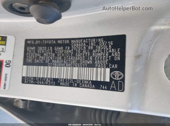 2T1BURHE8HC765511 2017 TOYOTA COROLLA Silver 