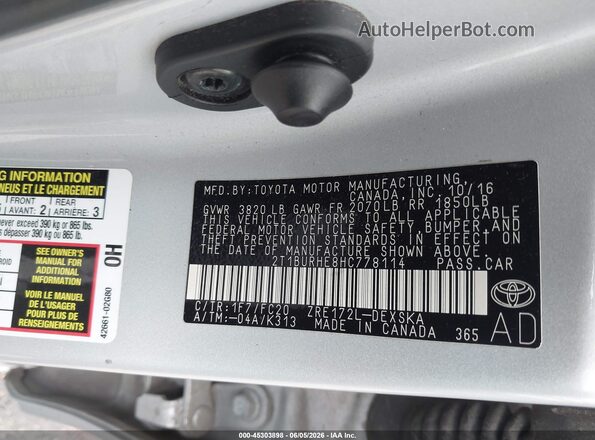 2T1BURHE8HC778114 2017 TOYOTA COROLLA Silver Vista del compartimento del motor