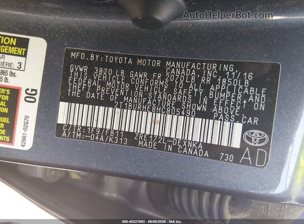 2T1BURHE8HC805490 2017 TOYOTA COROLLA Синий Вид подкапотного пространства