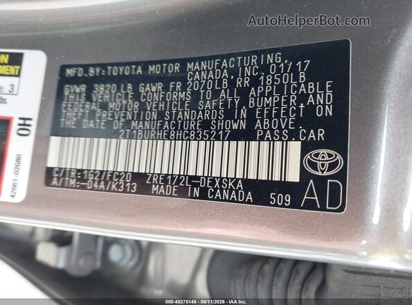 2T1BURHE8HC835217 2017 TOYOTA COROLLA Серый Вид подкапотного пространства