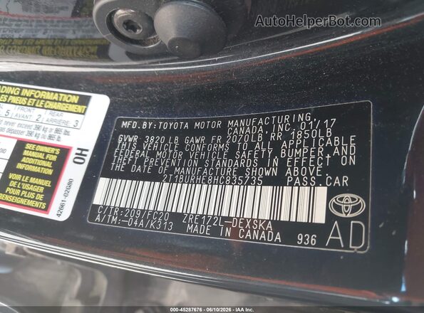 2T1BURHE8HC835735 2017 TOYOTA COROLLA Черный Вид подкапотного пространства