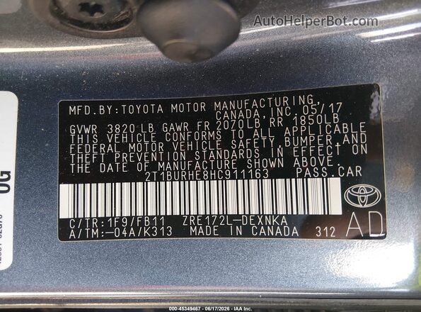 2T1BURHE8HC911163 2017 TOYOTA COROLLA Gray Շարժիչի բաժամունքի տեսք