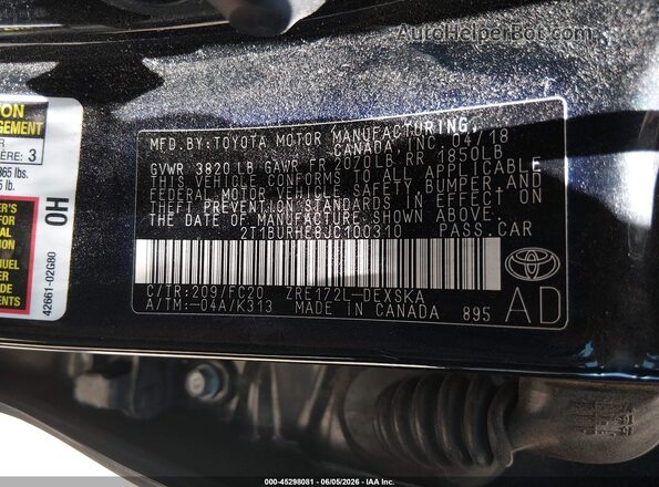 2T1BURHE8JC100310 2018 TOYOTA COROLLA Black Շարժիչի բաժամունքի տեսք