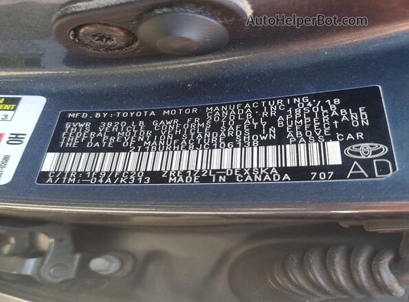 2T1BURHE8JC106138 2018 TOYOTA COROLLA Gray Widok naklejki z numerem VIN