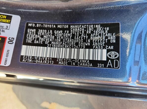 2T1BURHE8KC134779 2019 TOYOTA COROLLA Синий Вид наклейки с VIN-кодом