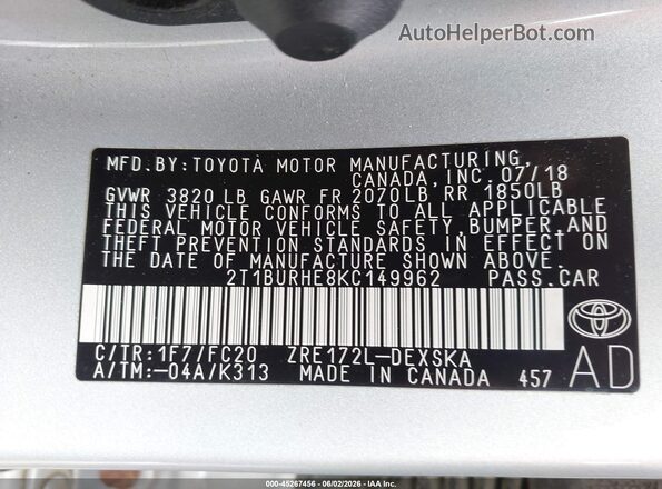 2T1BURHE8KC149962 2019 TOYOTA COROLLA Серебряный Вид подкапотного пространства