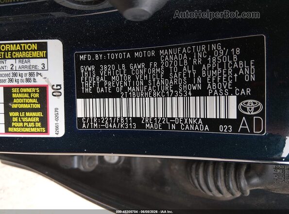 2T1BURHE8KC173534 2019 TOYOTA COROLLA Blue ძრავის განყოფილების ხედი