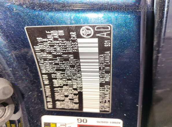 2T1BURHE8KC177437 2019 TOYOTA COROLLA Blue VIN sticker view