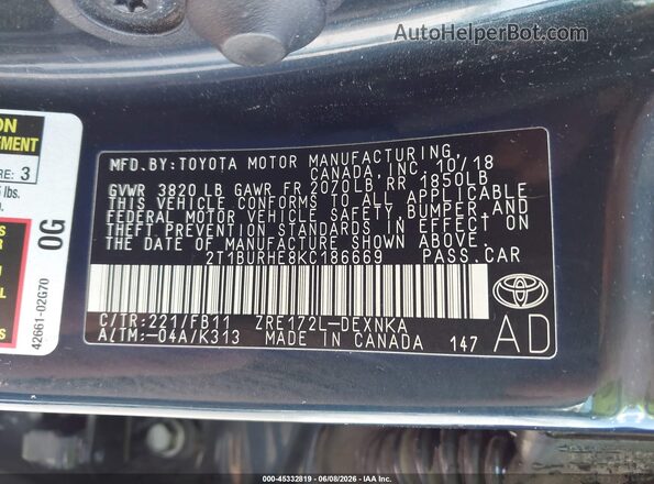 2T1BURHE8KC186669 2019 TOYOTA COROLLA Black Вид підкапотного простору