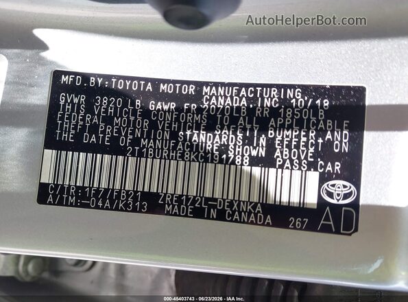 2T1BURHE8KC191788 2019 TOYOTA COROLLA Silver Widok komory silnika