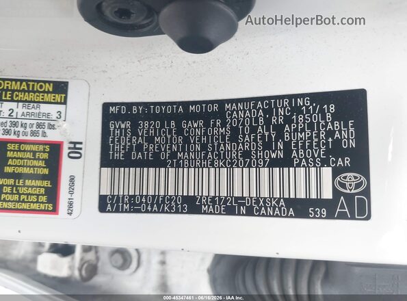 2T1BURHE8KC207097 2019 TOYOTA COROLLA White Engine compartment view