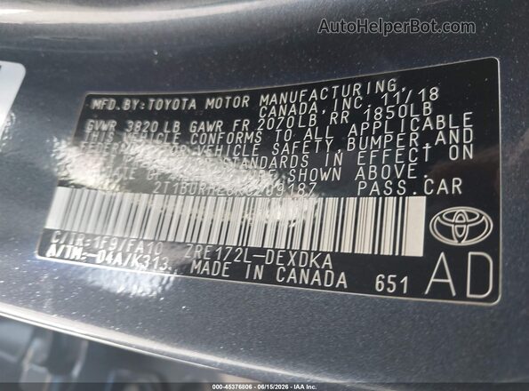 2T1BURHE8KC209187 2019 TOYOTA COROLLA Gray Widok komory silnika