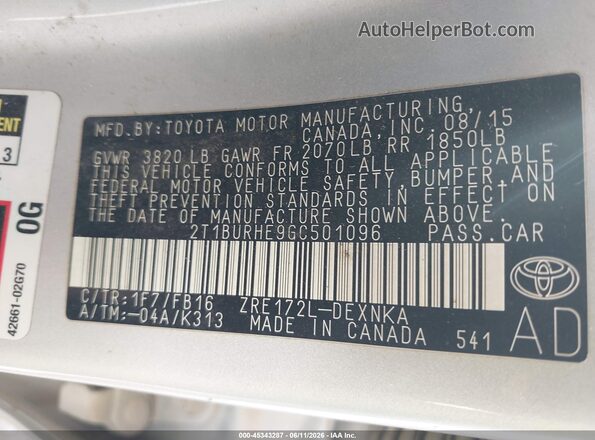 2T1BURHE9GC501096 2016 TOYOTA COROLLA Silver Vista del compartimento del motor