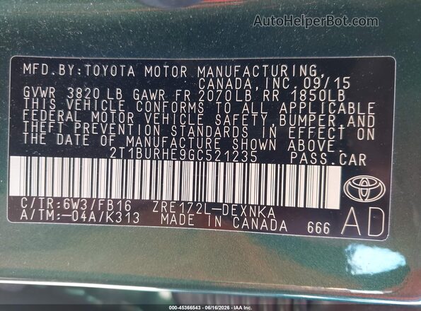 2T1BURHE9GC521235 2016 TOYOTA COROLLA Green Engine compartment view