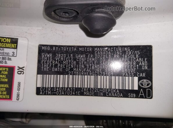 2T1BURHE9GC523101 2016 TOYOTA COROLLA White ძრავის განყოფილების ხედი