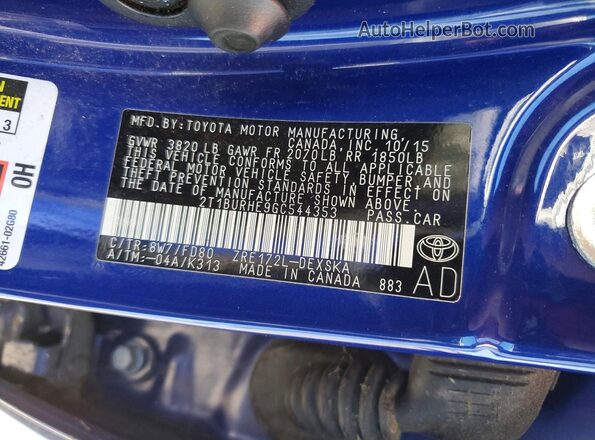 2T1BURHE9GC544353 2016 TOYOTA COROLLA Blue 