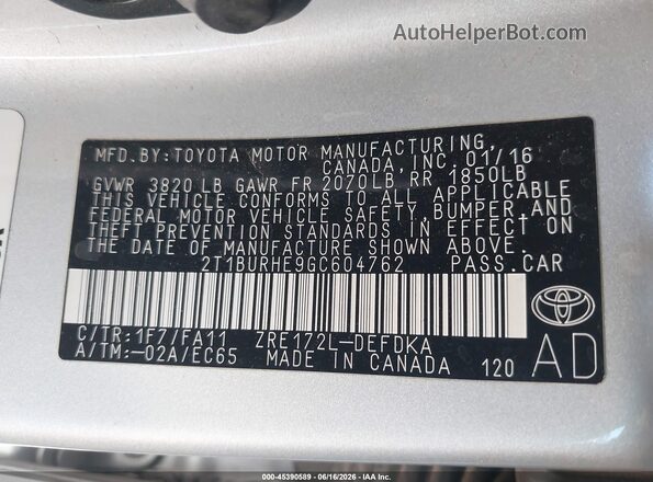 2T1BURHE9GC604762 2016 TOYOTA COROLLA Silver Engine compartment view