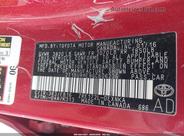 2T1BURHE9GC606236 2016 TOYOTA COROLLA Red Widok komory silnika
