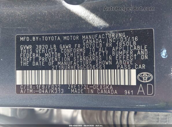 2T1BURHE9GC606561 2016 TOYOTA COROLLA Синий Вид подкапотного пространства