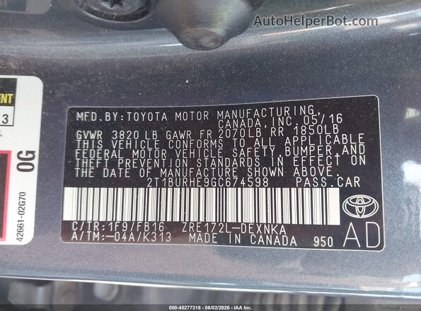 2T1BURHE9GC674598 2016 TOYOTA COROLLA Blue Vista del compartimento del motor
