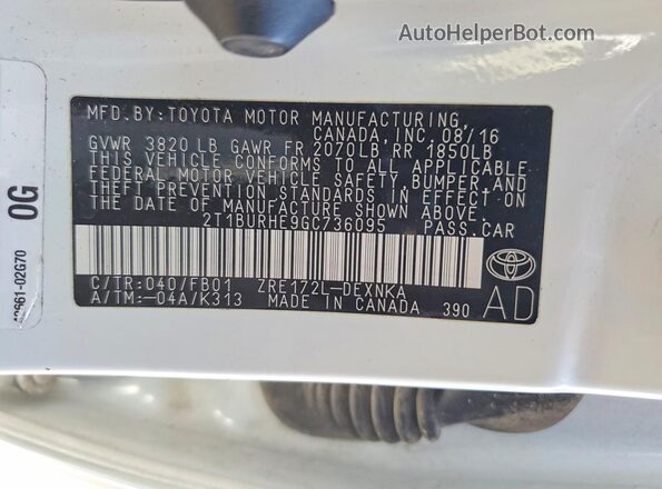 2T1BURHE9GC736095 2016 TOYOTA COROLLA White Vista del compartimento del motor