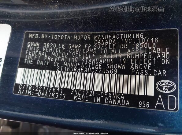 2T1BURHE9HC770569 2017 TOYOTA COROLLA Синий Вид подкапотного пространства
