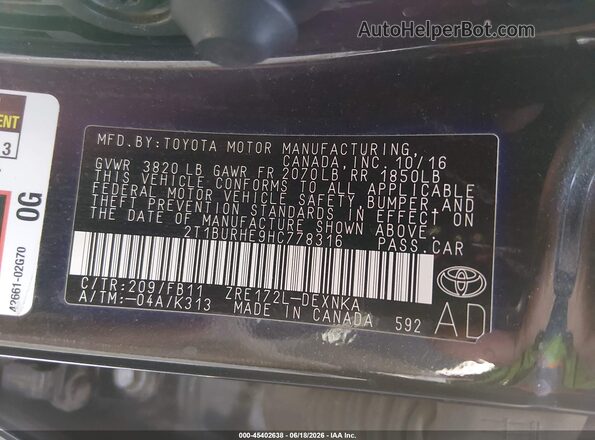 2T1BURHE9HC778316 2017 TOYOTA COROLLA Black Engine compartment view