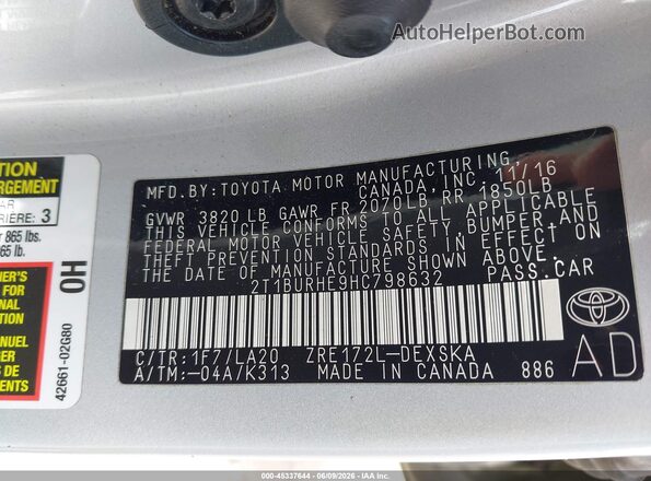 2T1BURHE9HC798632 2017 TOYOTA COROLLA Серебряный Вид подкапотного пространства