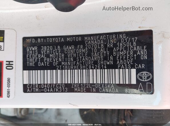 2T1BURHE9HC842614 2017 TOYOTA COROLLA White 