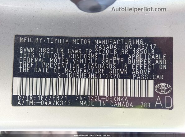 2T1BURHE9HC913620 2017 TOYOTA COROLLA Silver ძრავის განყოფილების ხედი