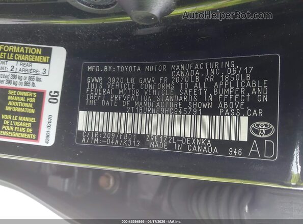 2T1BURHE9HC945791 2017 TOYOTA COROLLA Black Вид підкапотного простору