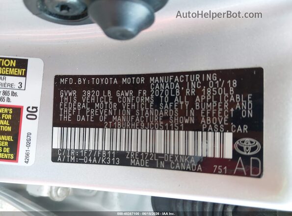 2T1BURHE9JC051151 2018 TOYOTA COROLLA Silver Вид підкапотного простору