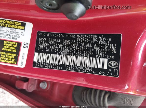 2T1BURHE9JC052946 2018 TOYOTA COROLLA Red Вид підкапотного простору