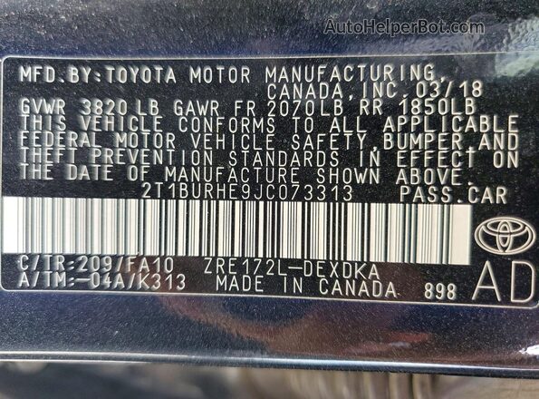 2T1BURHE9JC073313 2018 TOYOTA COROLLA Черный Вид подкапотного пространства